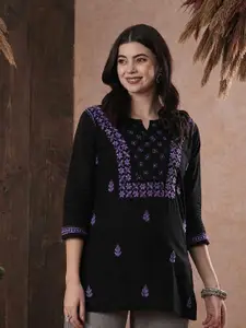 ADA Women Black & Purple Chikankari Embroidered Pure Cotton Straight  Kurti