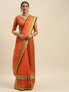 Silk Bazar Orange & Golden Silk Cotton Checked Saree