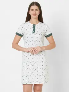 Sweet Dreams Off-White & Green Printed Nightdress