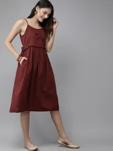 Anouk Maroon Gathered Pure Cotton A-Line Dress with Thread Work