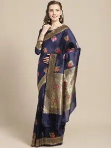 Saree mall Navy Blue & Golden Woven Design Banarasi Saree
