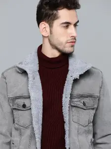 HERE&NOW Men Grey Washed Denim Jacket with Faux Fur Trim