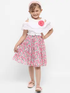Nauti Nati Girls White & Pink Floral Print Fit & Flare Dress