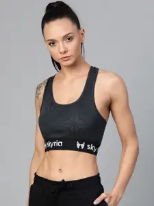 skyria Black & Charcoal Grey Printed Non-Wired Non Padded Sports Bra