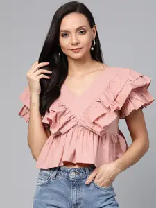plusS Women Pink Solid A-Line Crop Pure Cotton Top