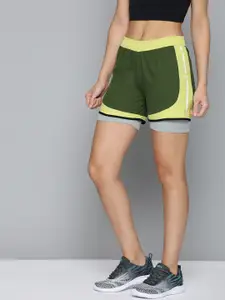 HRX by Hrithik Roshan Women Olive & Lime Green Antimicrobial Rapid-Dry Running Shorts