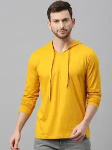Urbano Fashion Men Mustard Yellow Solid Slim Fit Hood Pure Cotton T-shirt