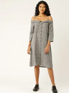 Taavi Women Grey Woven Legacy Striped A-Line Midi Off-Shoulder Dress with Shoulder Straps