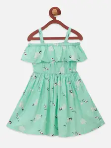 LilPicks Girls Turquoise Blue & White Floral Printed Fit and Flare Dress