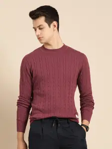 Mr Bowerbird Men Maroon Tailored Fit Cable Knit Pullover