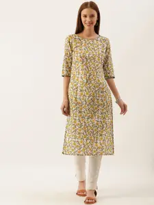 Taavi Women White & Yellow Sanganeri Block Print Boat Neck Straight  Kurta