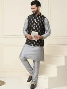 SOJANYA Men Grey & Black Solid Kurta with Churidar & Nehru Jacket