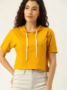 Campus Sutra Women Mustard Yellow Solid Hooded Regular Crop Pure Cotton Top