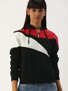 Campus Sutra Women Black & Red Colourblocked Hooded Pullover Sweatshirt