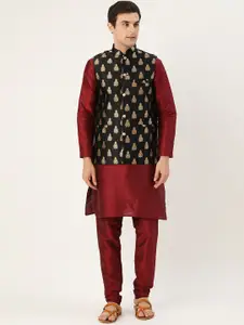 SOJANYA Men Maroon & Black Solid Kurta with Churidar & Nehru Jacket