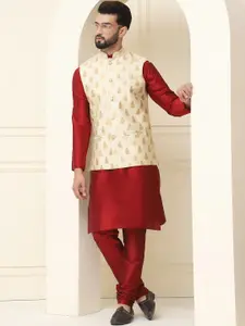 SOJANYA Men Maroon & Beige Solid Kurta with Churidar & Nehru Jacket