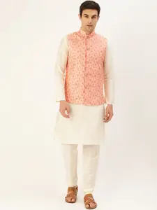SOJANYA Men Off-White & Peach-Coloured Solid Kurta with Churidar & Nehru Jacket