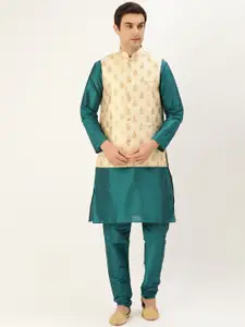 SOJANYA Men Teal Blue & Cream-Coloured Solid Kurta with Churidar & Nehru Jacket