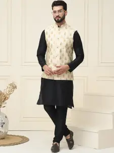 SOJANYA Men Black &  Cream-Coloured Solid Kurta with Churidar & Nehru Jacket