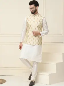 SOJANYA Men Off-White & Beige Solid Kurta with Churidar & Nehru Jacket