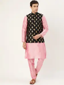 SOJANYA Men Pink & Black Solid Kurta with Churidar & Nehru Jacket