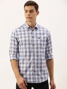 The Indian Garage Co Men White & Blue Slim Fit Checked Casual Shirt