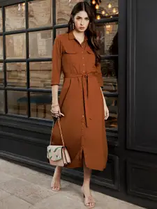 Tokyo Talkies Brown Midi Shirt Dress