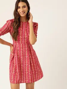 DressBerry Pink & Green Floral Print Pleated A-Line Dress