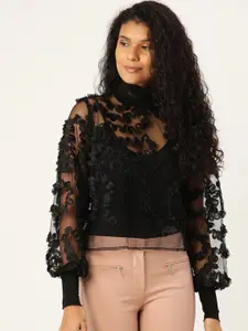 ANVI Be Yourself Women Black Sheer Top with Frills