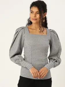 ANVI Be Yourself Women Grey & Black Checked Puff Sleeves Top