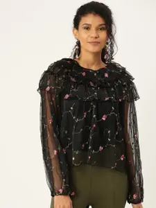 ANVI Be Yourself Women Black & Pink Sheer Embroidered Top