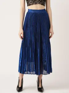ANVI Be Yourself Women Navy Blue Shimmery Solid Accordion Pleated Flared Maxi Skirt