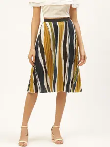 ANVI Be Yourself Women Mustard Yellow & Off-White Striped Accordion Pleat A-Line Skirt