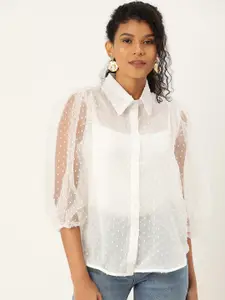 ANVI Be Yourself Women White Dobby Weave Sheer Shirt Style Top