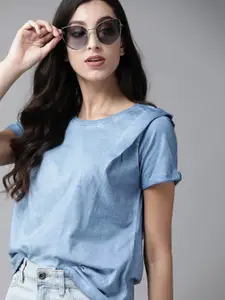 Roadster Women Blue Dyed Round Neck Pure Cotton T-shirt