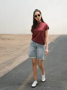 Roadster Women Burgundy Solid Round Neck Pure Cotton T-shirt