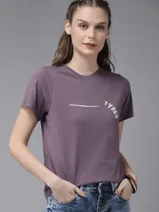 Roadster Women Mauve Printed Round Neck Pure Cotton T-shirt