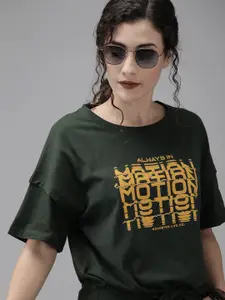 Roadster Women Olive Green Typography Print Round Neck Pure Cotton T-shirt