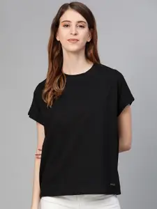 Roadster Women Black Solid Round Neck Pure Cotton T-shirt