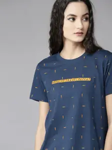 Roadster Women Navy Blue & Mustard Yellow Geometric Print Round Neck Relaxed Fit T-shirt