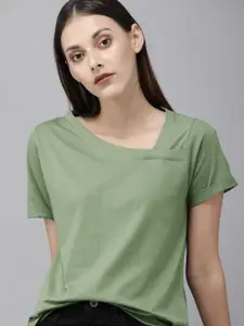 Roadster Women Olive Green Solid Asymmetric Neck Detailing Pure Cotton T-shirt