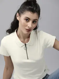 Roadster Women Beige Solid Polo Collar Crop T-shirt