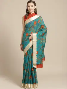 Saree mall Teal Green & Orange Floral Printed Saree