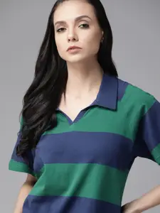 Roadster Women Navy Blue & Green Pure Cotton Striped Spread Collar T-shirt