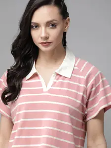Roadster Women Pink & Off-White Boxy Striped Polo Collar T-shirt
