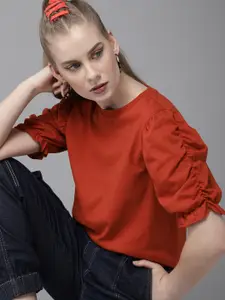 Roadster Women Rust Orange Ruched Sleeves Solid Top