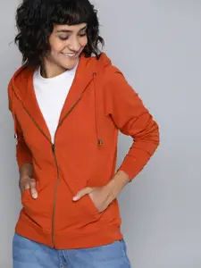 HERE&NOW Women Rust Orange Solid Hooded Sweatshirt