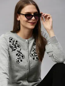 HERE&NOW Women Grey Embroidered Cardigan Sweater