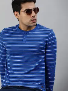Roadster Men Blue  White Striped Henley Neck Pure Cotton T-shirt