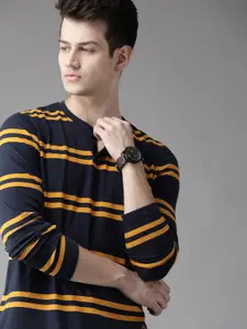 Roadster Men Navy Blue  Mustard Yellow Striped Mandarin Collar Pure Cotton T-shirt